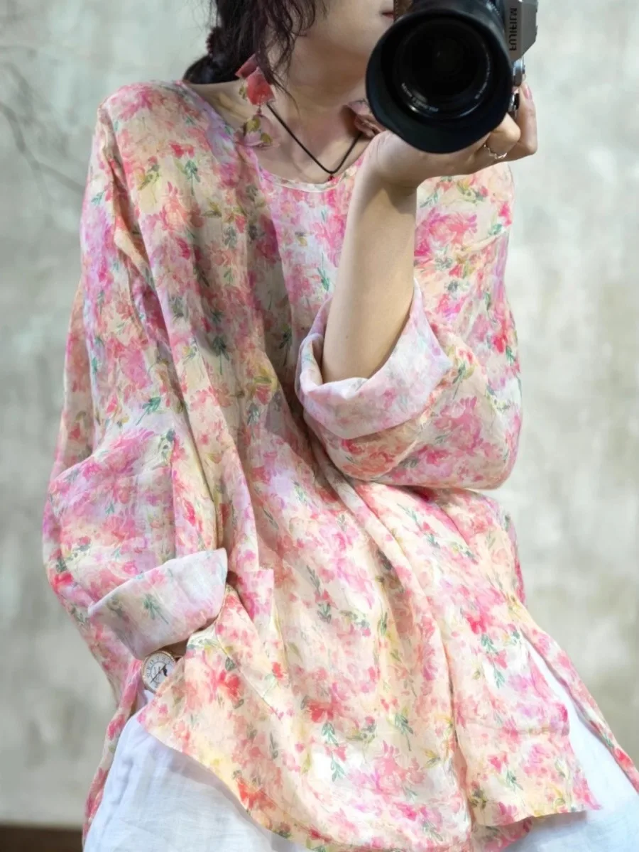 Romantic Floral Print round Neck Shirt Women's Summer Breathable Lightweight Long Sleeve Casual T-Shirt Brand Tag Removed