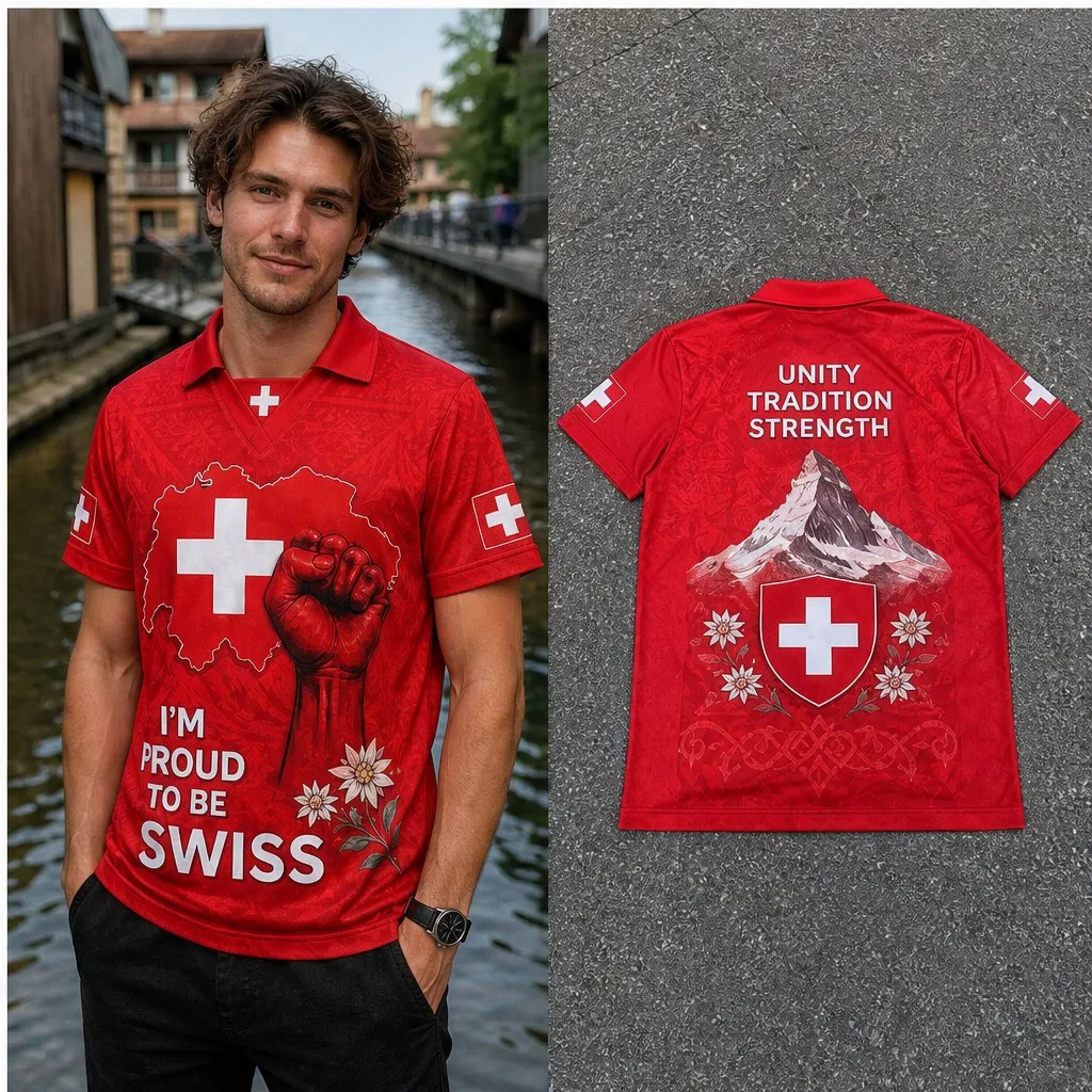 Mens Switzerland Map Fist Cross Mountain Graphic Semi Polo V Neck T Shirt Short Sleeve Casual Patriotic Alpine Jersey Top Active