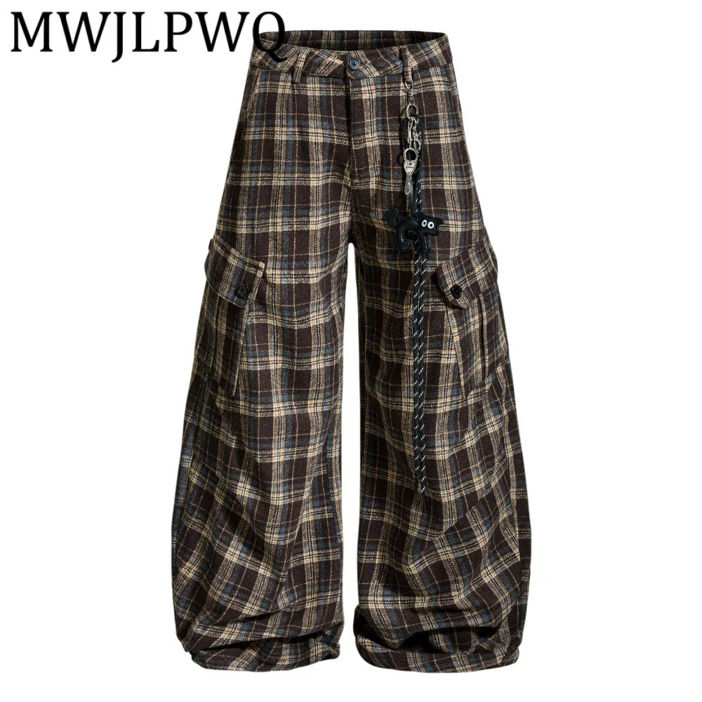 

MWJLPWQ Loose Long Men's Trendy Vibe Sports Casual Trousers 2025 Autumn Pleated Plaid Multi-Pocket Cargo Pants Fashion 12717