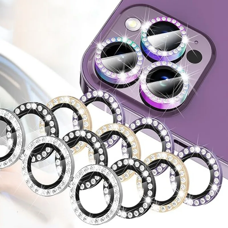 

200Pcs For iPhone 1615 14 13 12 11 Pro Max Plus Diamond Rear Camera Lens Protector Metal Ring 3D Bling Tempered Glass Decoration