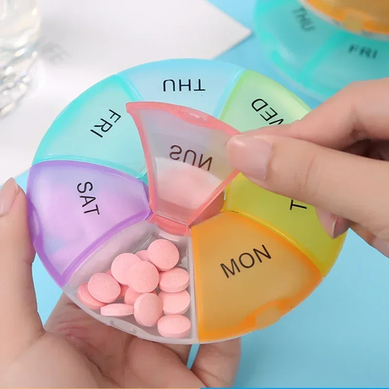 7 Compartments Round Pill Box Plastic Travel Medicine Organizer Weekly Tablet Case Portable Storage Health Aid Candy Container