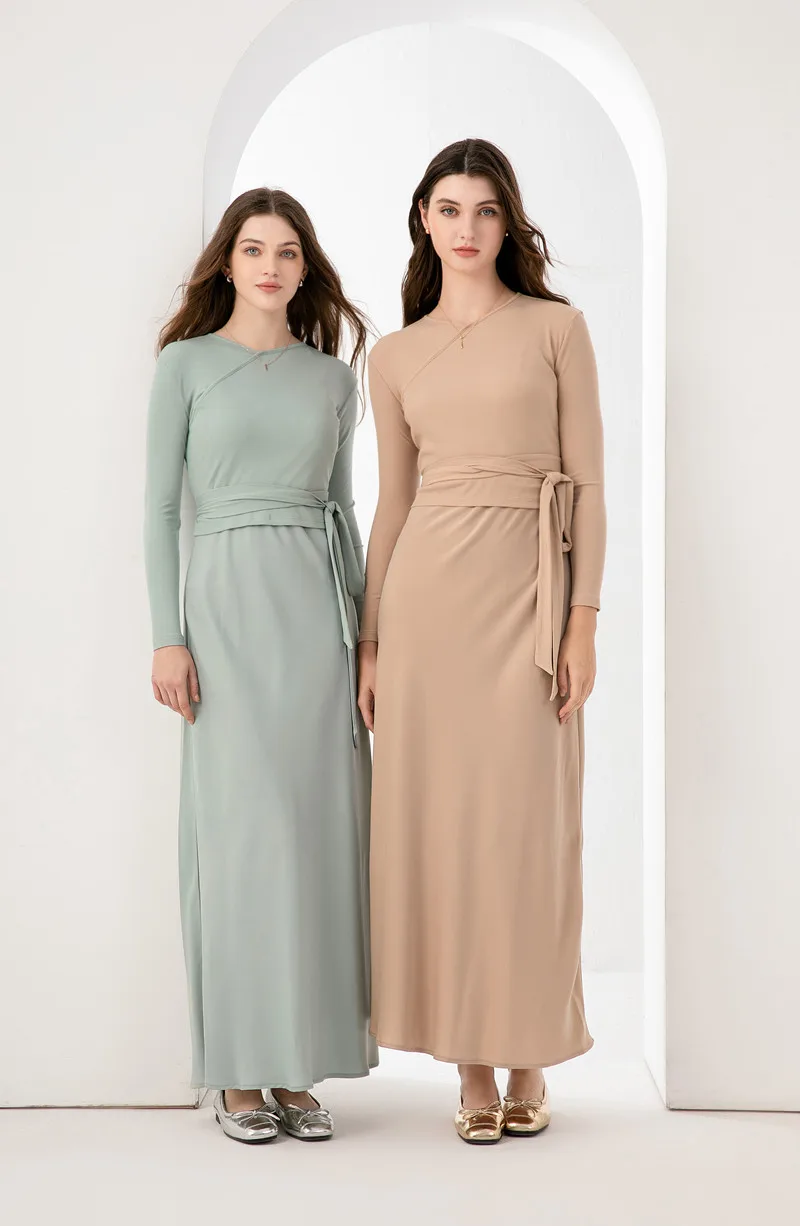 AS 2024 woman clothing high Stretch ribbing closed-fit wrap tops + Matte Satin dress Maxi matching sets  ( Ship out in 1 day)