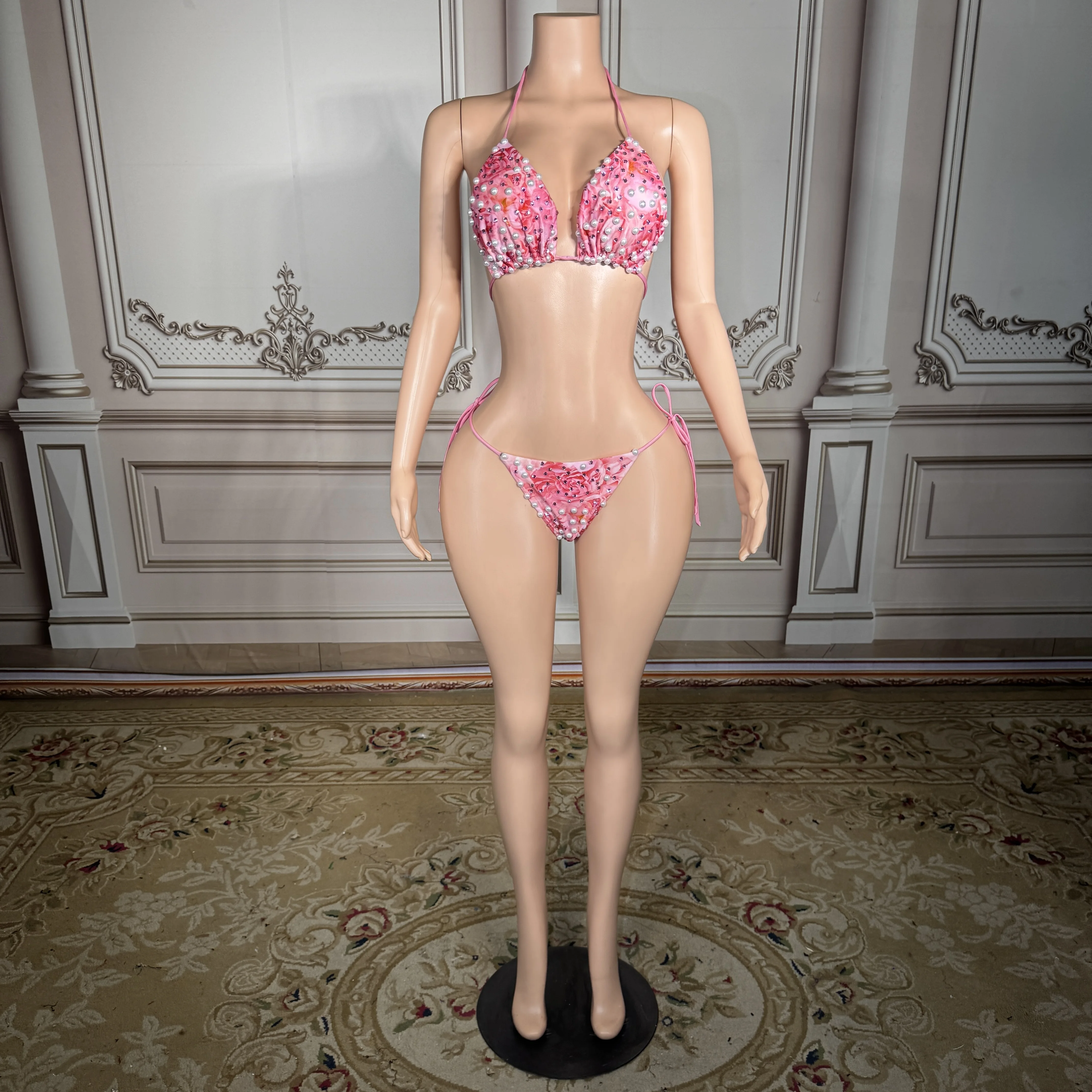 

ZD New Sexy Gold Goddess Bikini Women Halter Triangle Top Tie Side Swimsuit Crystals