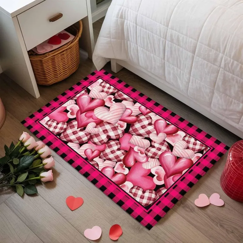 Rosa Herz-Fußmatte, Y2K, süßer süßer Teppich mit kariertem Herzmuster, rutschfest, wasserabsorbierend, Heimdekoration, Bodenmatte für den Valentinstag