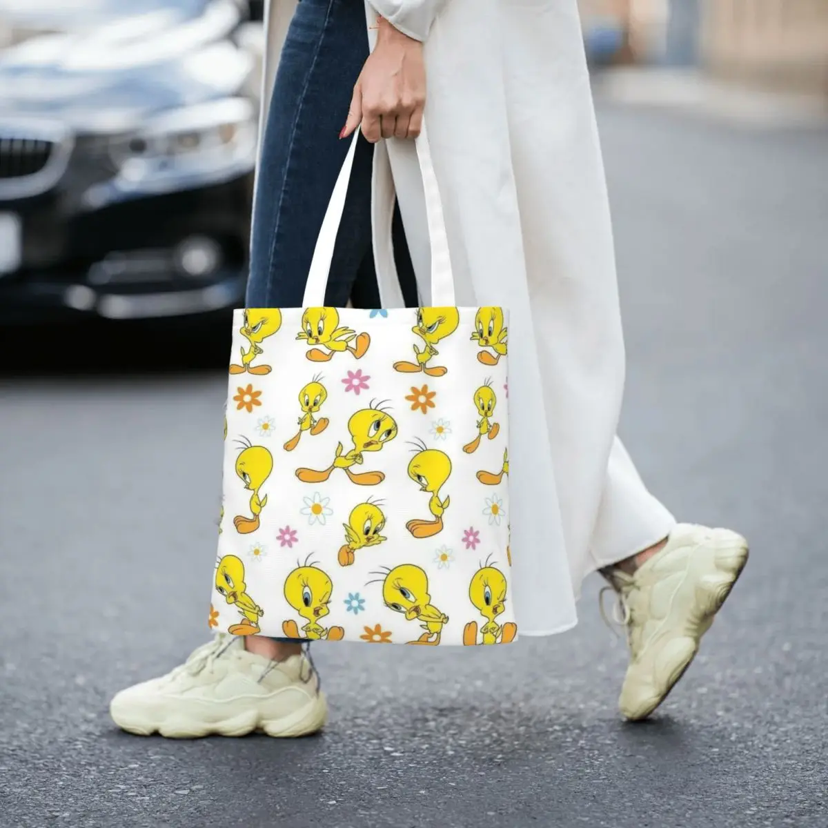 Custom Tweetys Cartoon Animation Yellow Bird Grocery Tote Shopping Bag Women Canvas Shoulder Shopper Bags Large Capacity Handbag