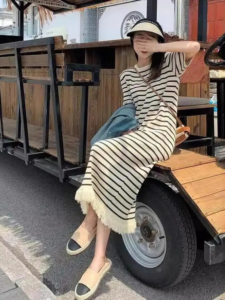 summer-thin-short-sleeve-stripe-knitted-dress-tea-break-tassel-elegant-beautiful-cloth-fabric-women's-fashion-clothing