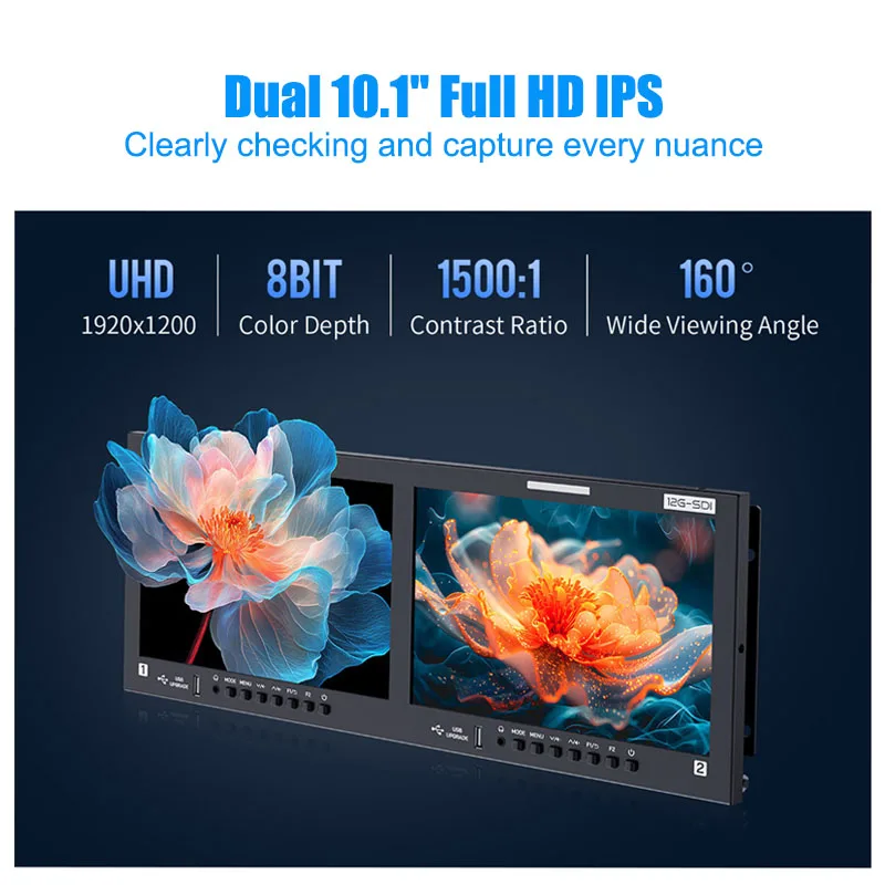 FEELWORLD FRM1001G Dual 10.1" 12G-SDI 4RU Rackmount Monitor 4K HDMI 1920x1200 IPS Waveform 3D-LUT Remote Control Tally view 2