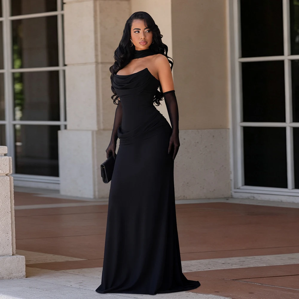 JENYAGE Damen-Abendkleid mit Neckholder-Ausschnitt und Handschuhen, gerafftes, figurbetontes, bodenlanges Meerjungfrauen-Maxikleid, elegantes Party- und Ballkleid – Detail 4