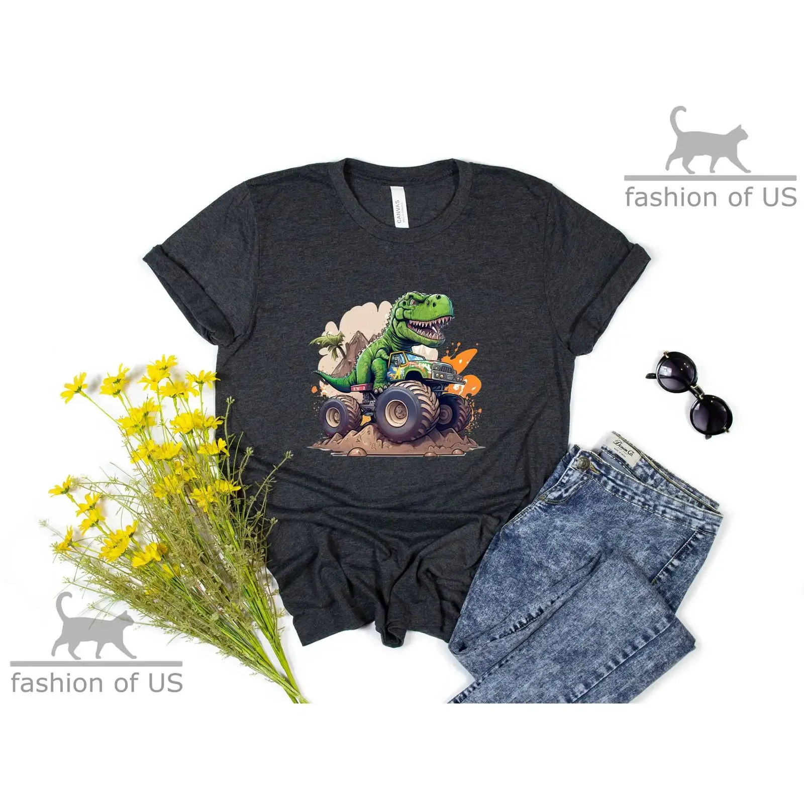 T Rex Riding A Truck Shirt Dinosaur Lover Boy Dino Kid Funny  vintage Washed streetwear Breathable designer clothes Versatile