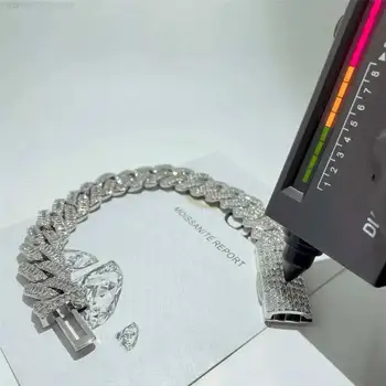 Wholesale 925 Solid Silver Moissanite Baguette Cuban Link Bracelet Vvs Diamond 15mm Miami Cuban Chain Bracelet Hip Hop Bangles