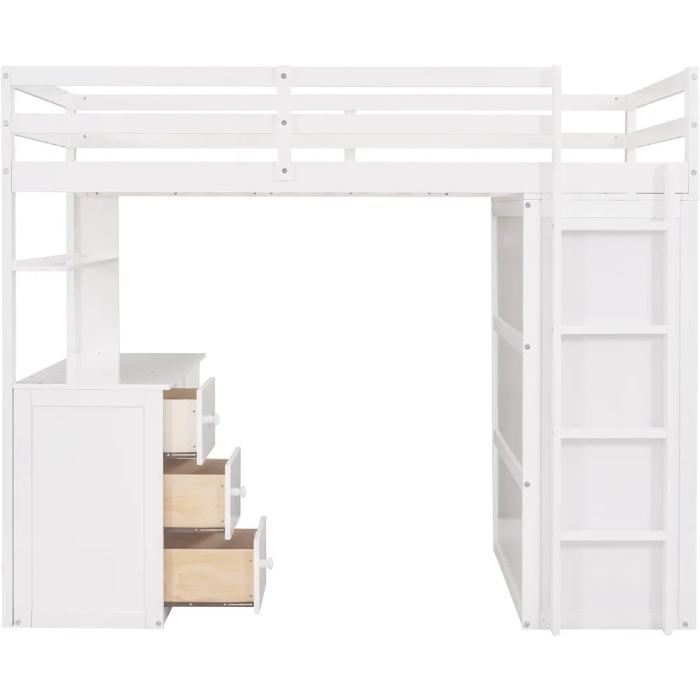 Twin Loft Bed with Desk and Wardrobe, Solid Wood Loft Bed Frame with Storage Drawers, for Kids Teens Adults (Twin Size, White)