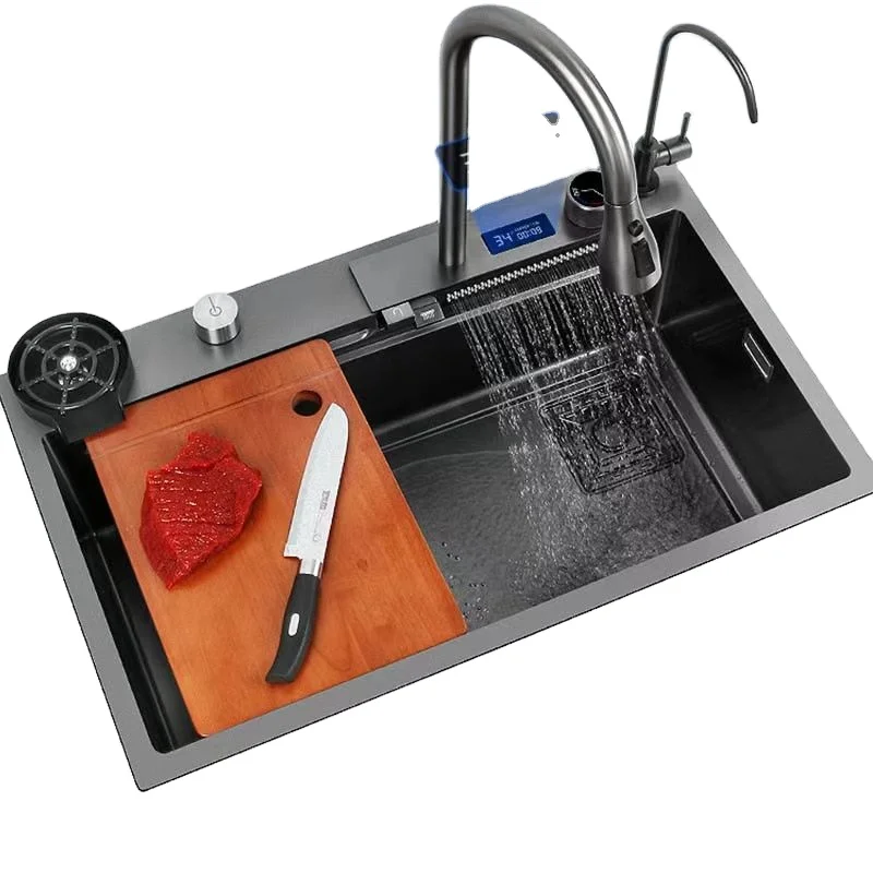 

Раковина-водопад, кухонная раковина из нержавеющей стали с верхним креплением, большая раковина с одним слотом и многофункциональным сенсорным краном-водопадом