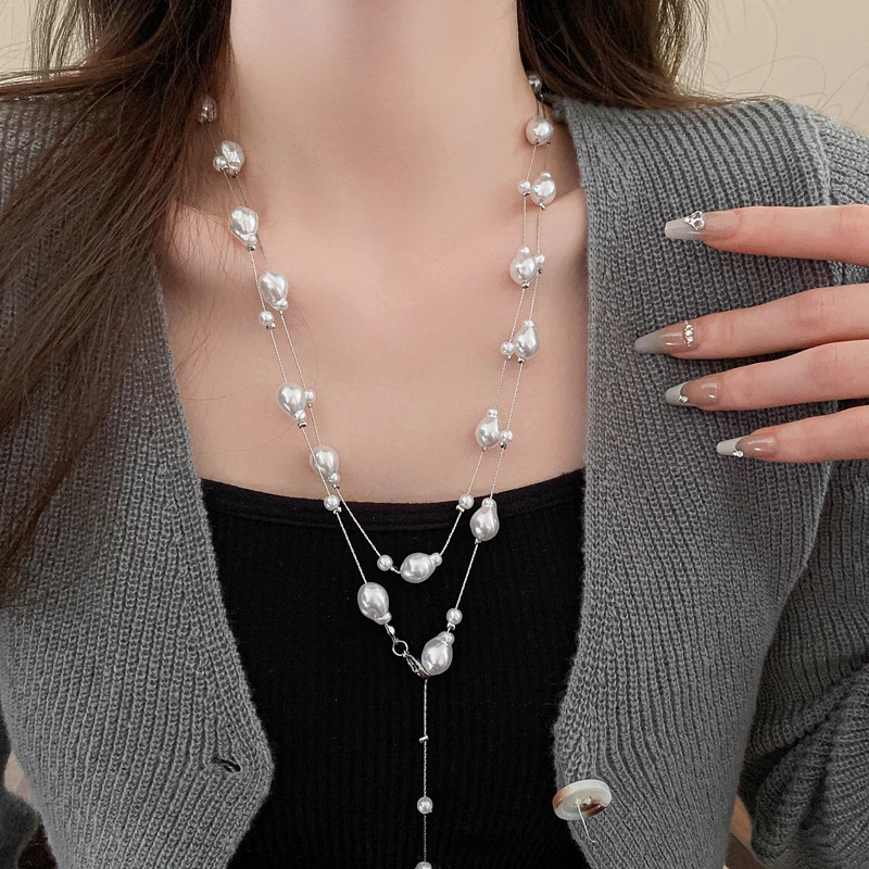 Irregular Long Pearl Necklace For Women Light Luxury Retro Chain Fashion Simple Elegant Accessory