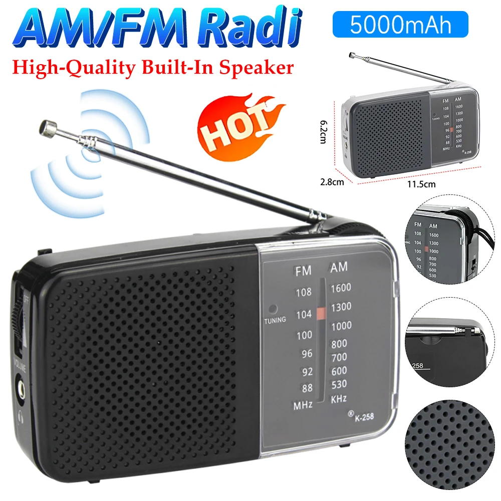 Mini radio transistor con altavoz Radio alimentada por batería con correa Antena telescópica de radio pequeña para uso en emergencias