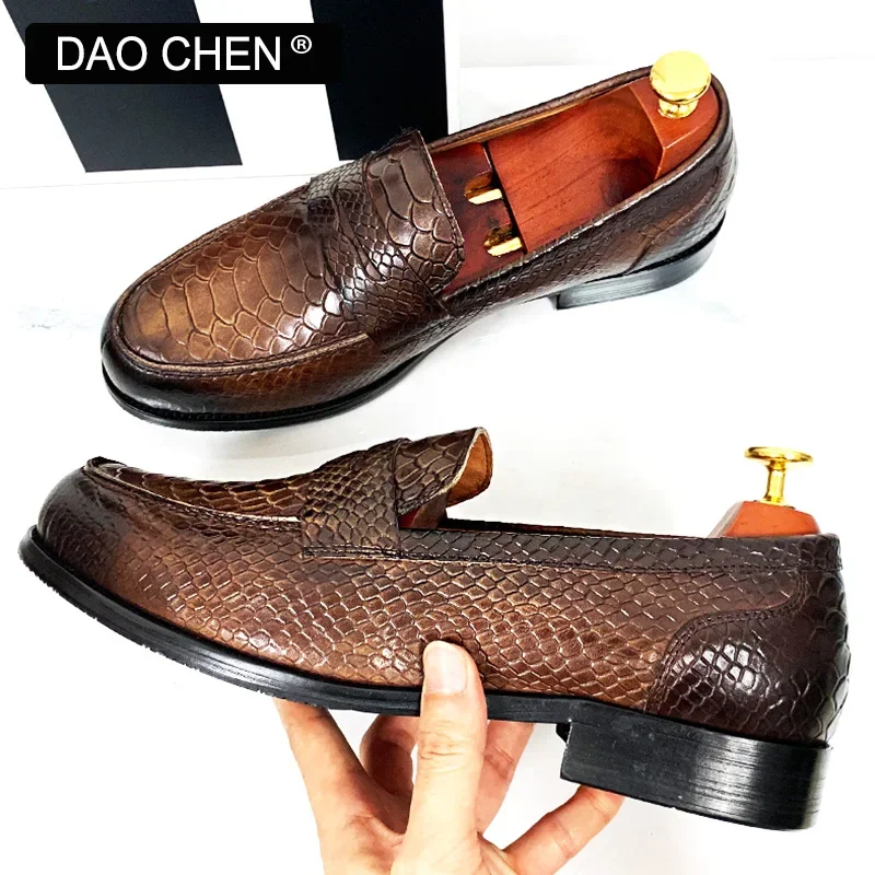 LUXURY MEN LEATHER SHOES BLACK COFFEE SLIP ON SNAKE PRINT DRESS MEN\'S CASUAL SHOES WEDDING OFFICE BANQUET Loafers Shoes For Men