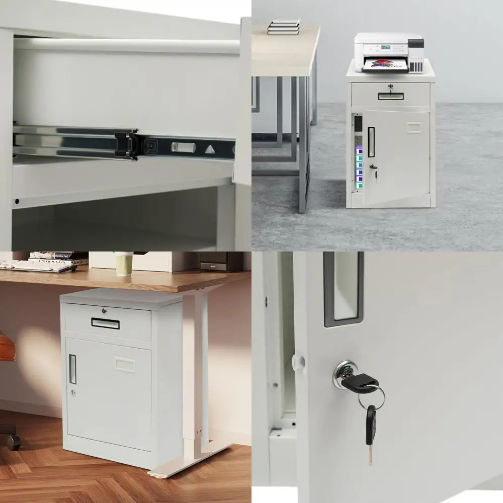 

Modern White Steel 2-Drawer Lockable File Cabinet with Under Desk Shelf for Home and Office Use
