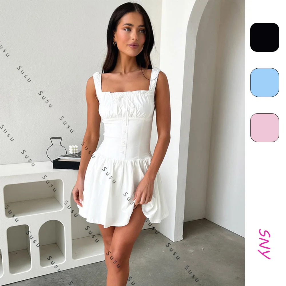 ชุดเดรสผู้หญิงสไตล์ยุโรปและอเมริกาใหม่ปี 2025 ดีไซน์หรูหรา สายเดี่ยว เซ็กซี่ คอลึก โชว์เอว รุ่น 8029