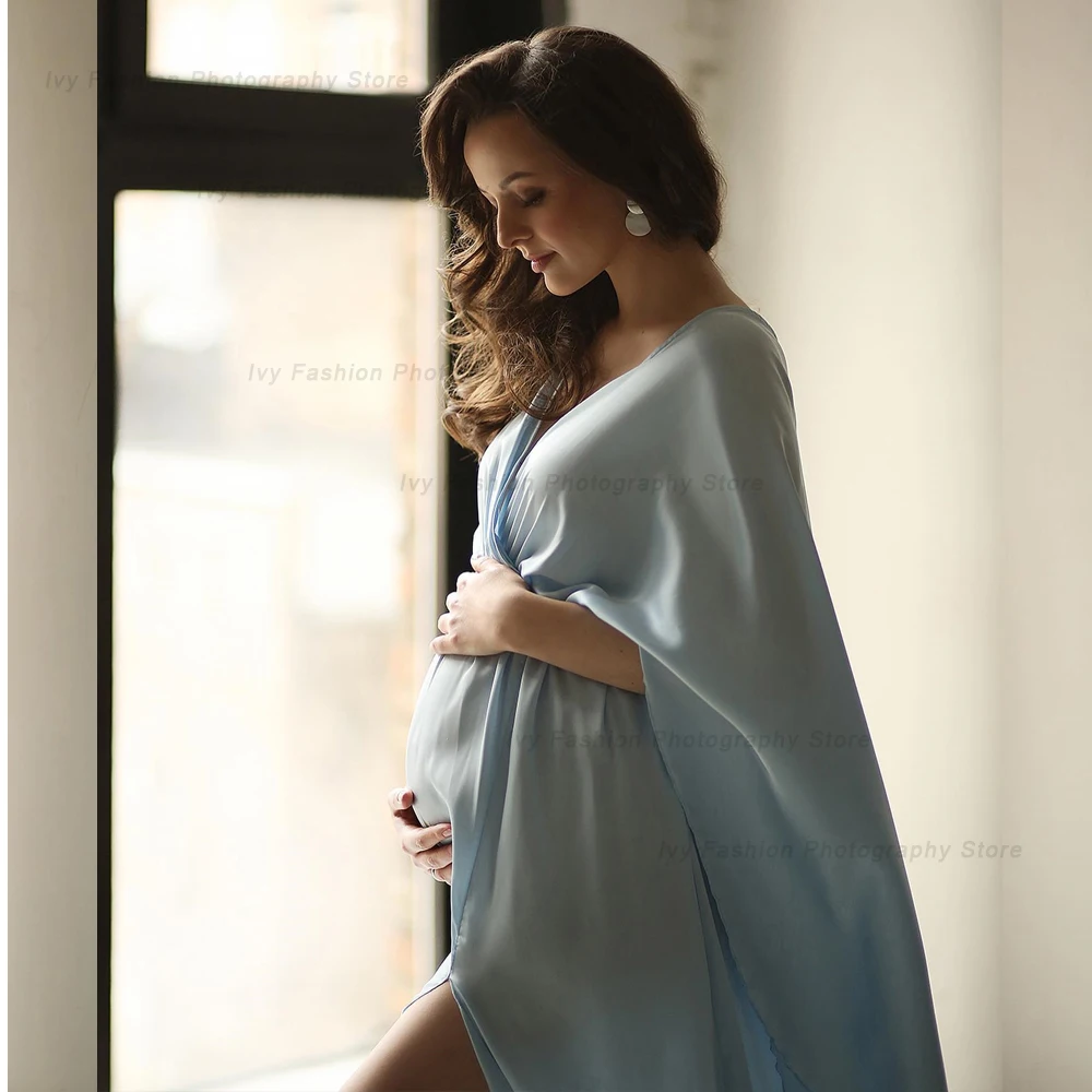 Vestidos de fotografía de maternidad para mujeres embarazadas, vestido de gasa de satén suave de manga larga para sesión de fotos de Baby Showers, accesorios