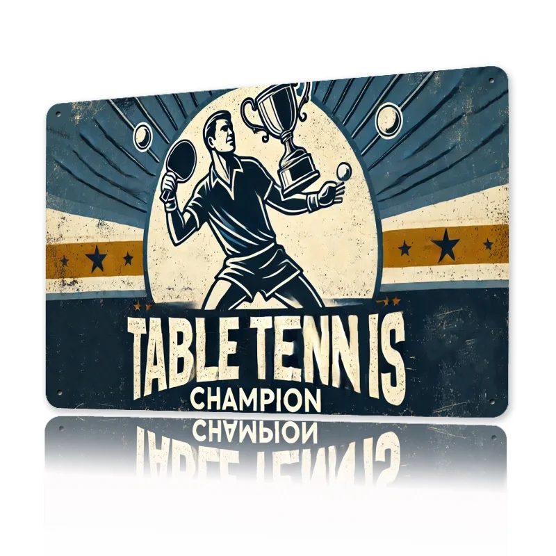 Vintage Table Tennis Championship Metal Wall Art,  - Retro Iron Decor with Player & Trophy Design, Perfect Gift for Sports Enthu