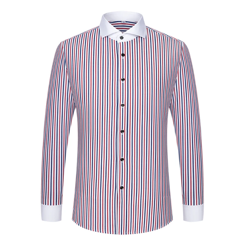 2024Men\'s shirt long sleeved slim fit striped Windsor collar contrasting color collar business casual one line collar shirt