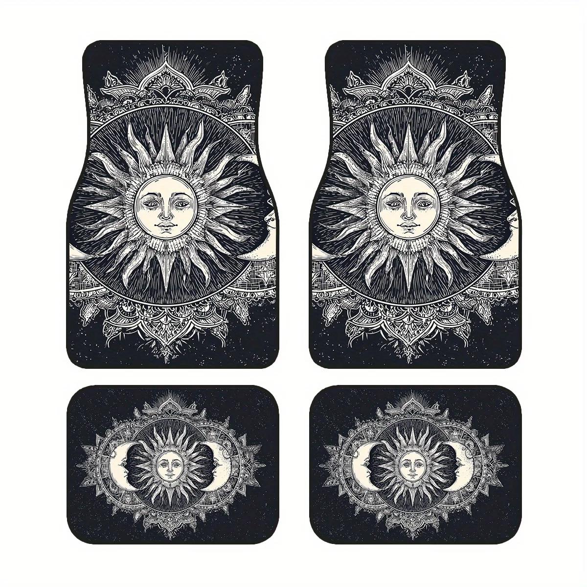 4pcs Anti-Slip Polyester Car Floor Mats - Sun, Moon & Star Pattern, All-Weather Use For Cars, Trucks, SUVs - Easy-to-Clean Inter