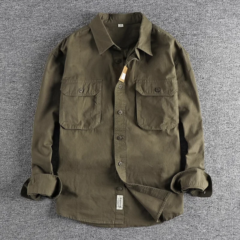 Vintage Style Work Shirt with Multi-purpose Pockets for Men Classic Long Sleeve Button Up