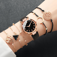 6PCS/Set Women's Watches Fashion Starry Sky Arabic Dial Female Leather Band Quartz Watch Bracelets Set（Without Box）