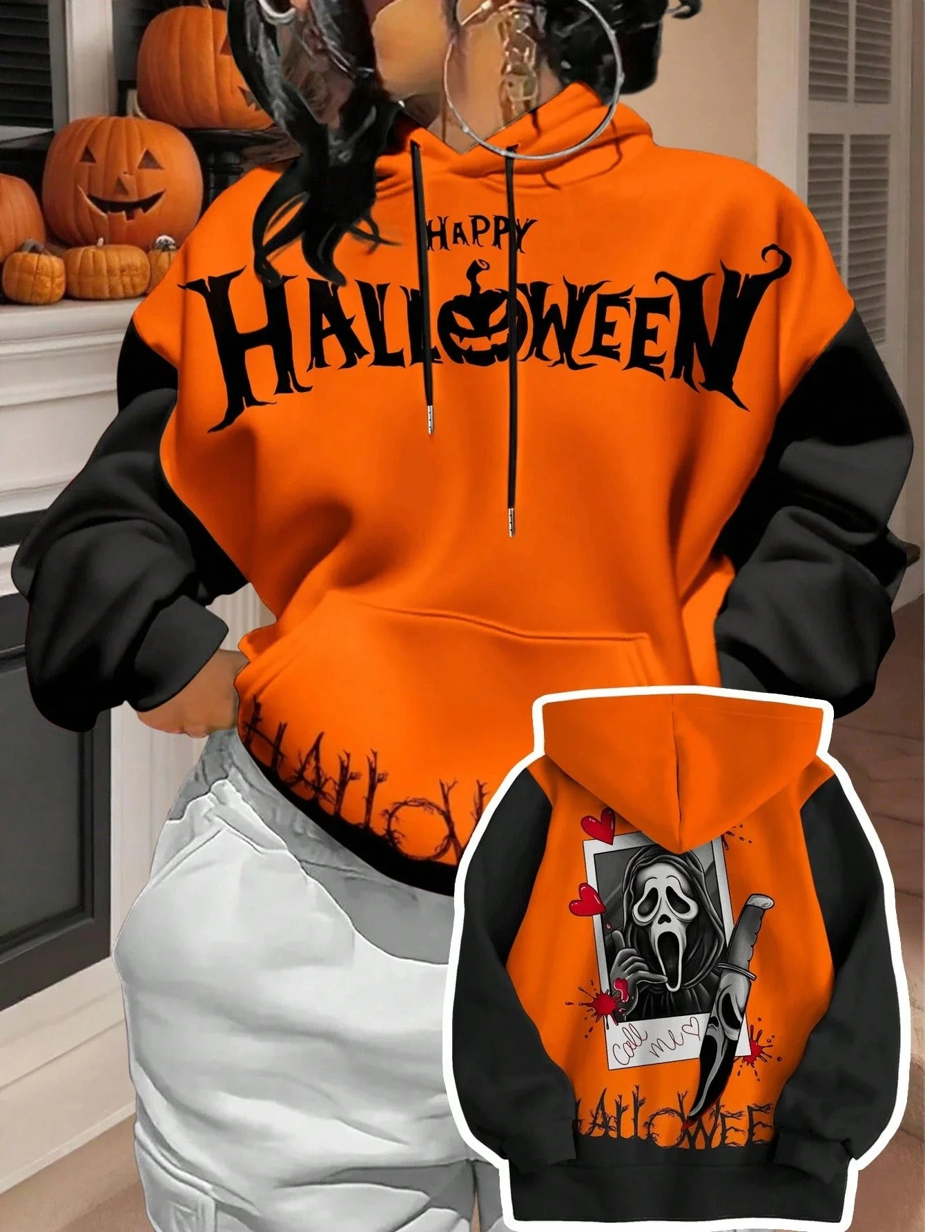 

Trending Autumn Winter Oversized Hoodie Fashion American Y2K Halloween Pumpkin Streetwear Plus Size 3D Printed Top for Women