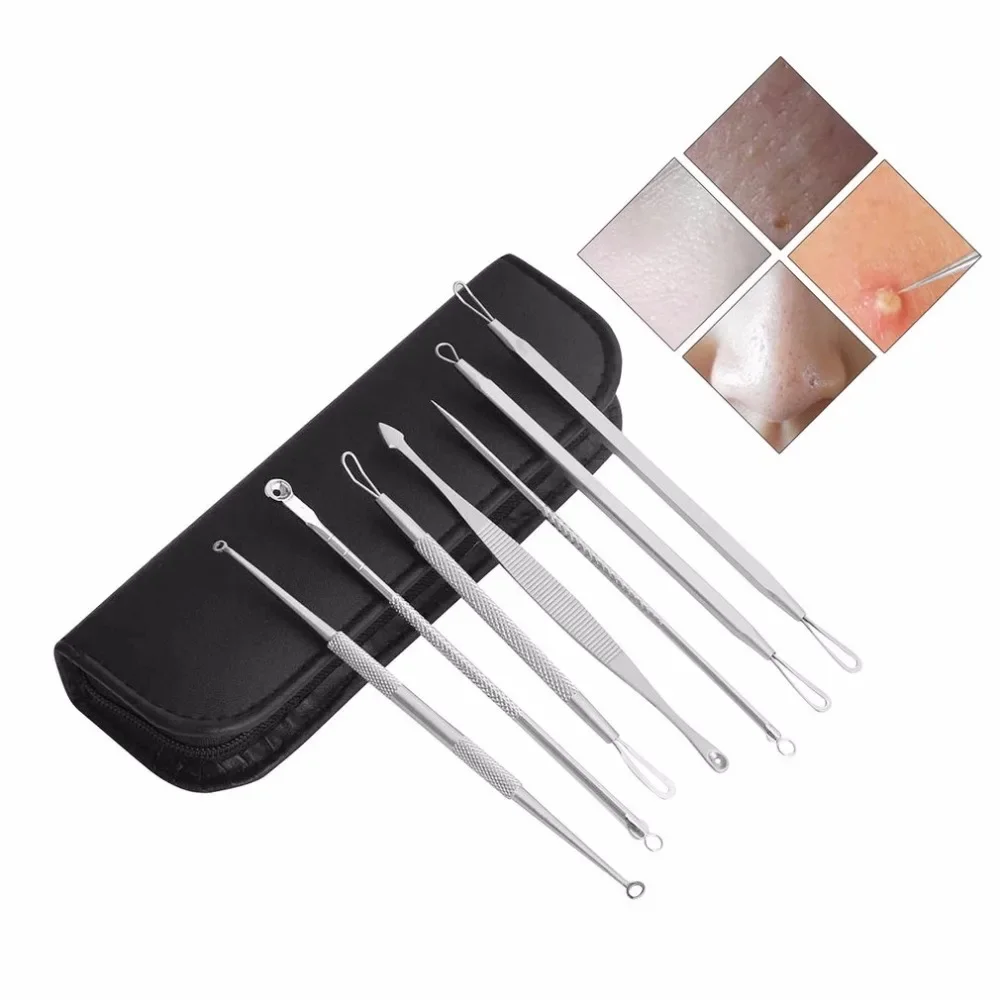 Spot Comedone Acne Needle Clip Pimple Tweezer Blemish Extractor + Bag Face Skin Care Tools 7pcs/bag Blackhead Remover Tools Kit