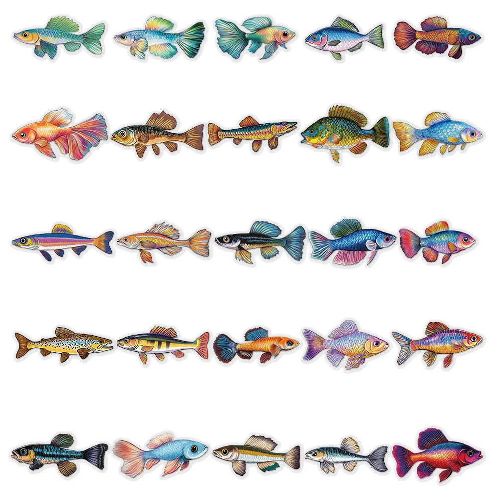 10/30/50PCS Fish Transparent Stickers Go Fishing Sticker Animal Cartoon Decals DIY Toy Scrapbook Luggage Laptop Guitar Car Bike