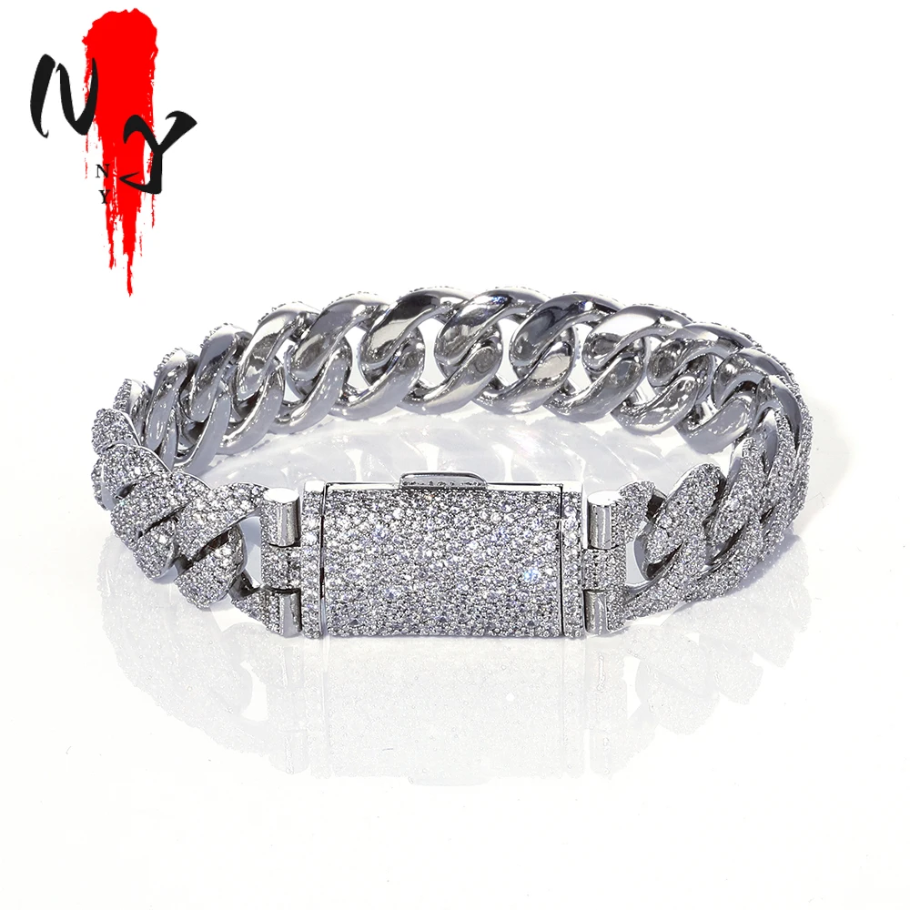 NY Customized 14mm Fully Inlaid 3 Row Diamond Cuban Iced 5A Cubic Zirconia Christmas Hip Hop Style Men's Exquisite Bracelet
