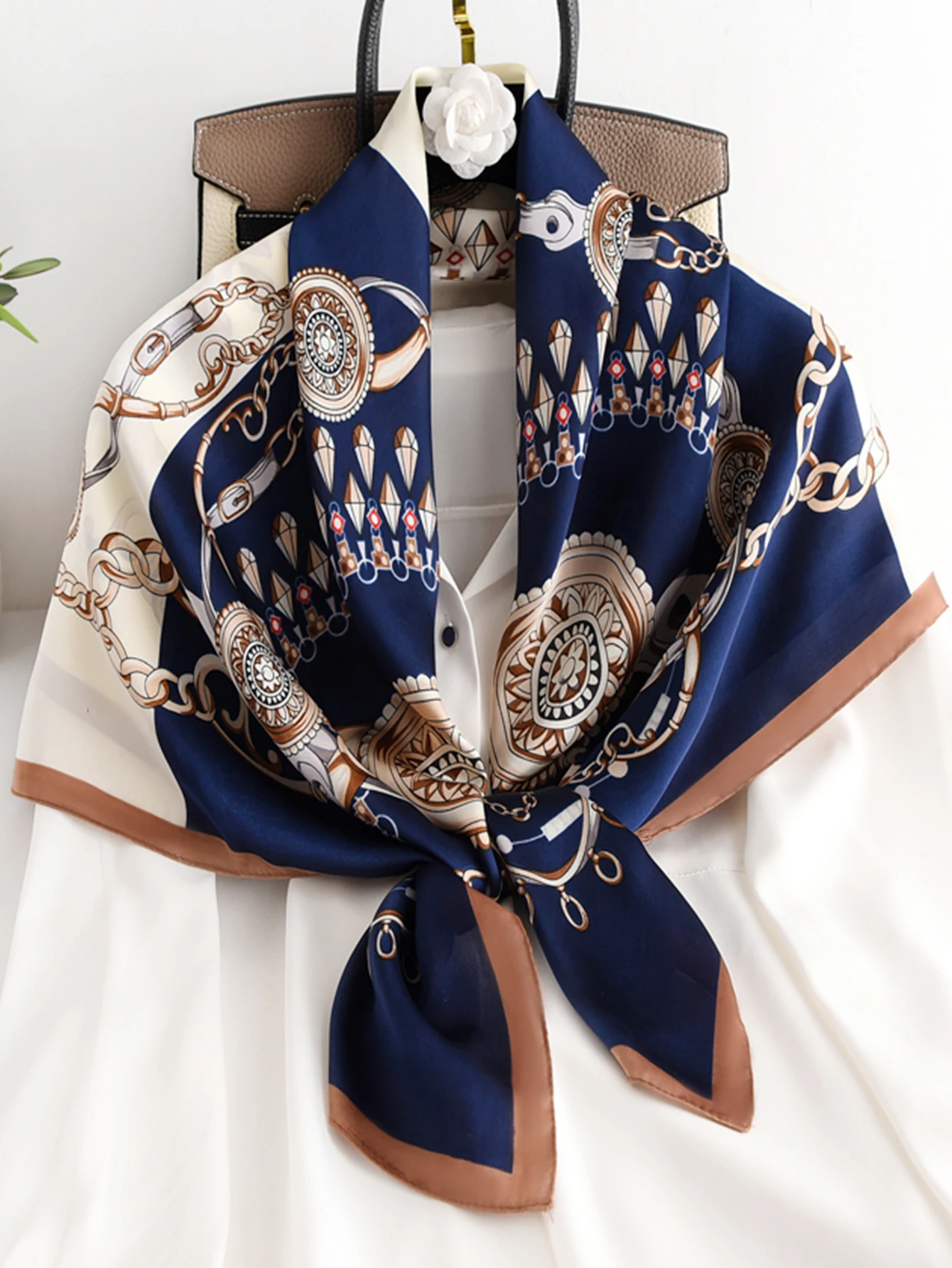 90cm Women's Scarf Printed Large Square Scarf Fashion Simulation Silk Scarf Sunscreen Shawl Wrapped Headscarf