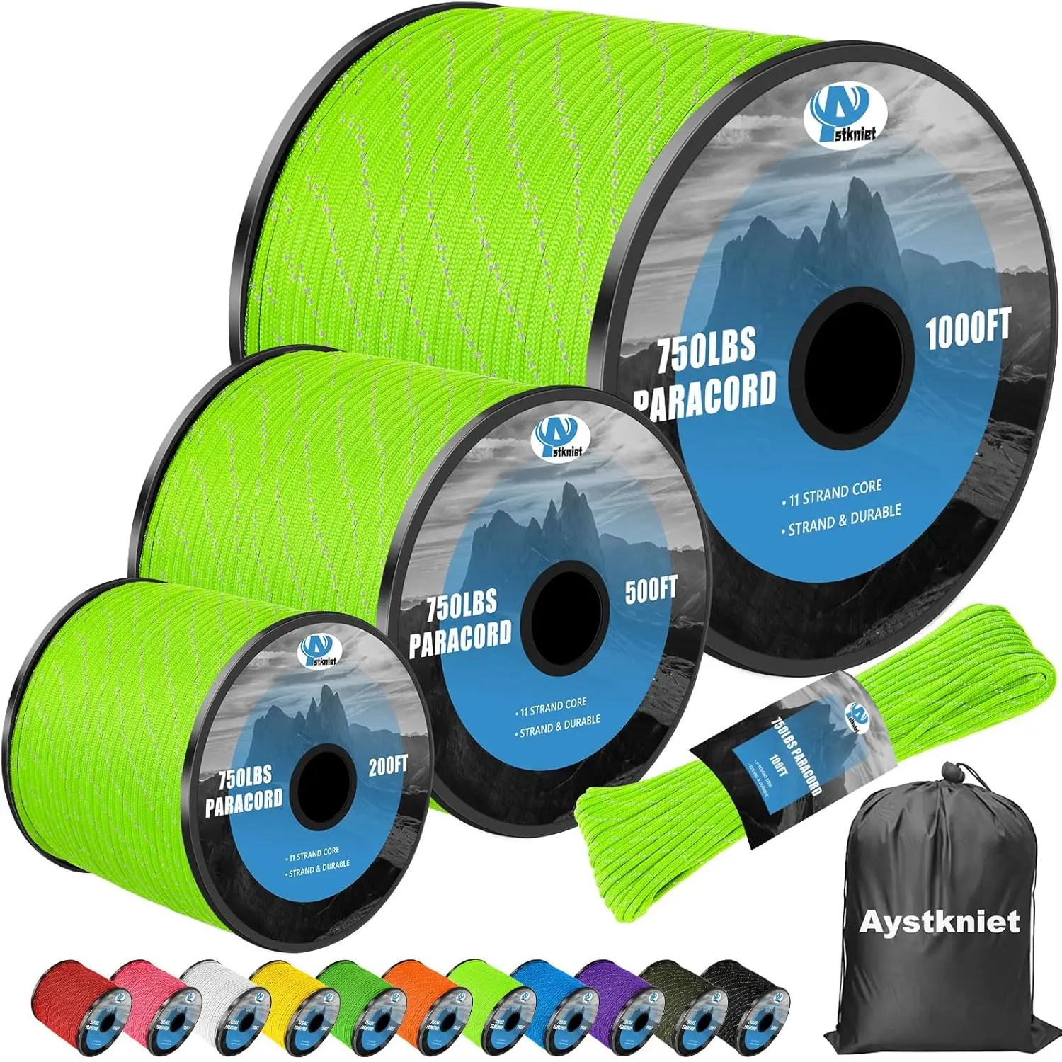 750lb Reflektierendes Paracord-Seil, 4mm 11-fädig, 100-1000ft mit Tasche für Camping-Hängematte