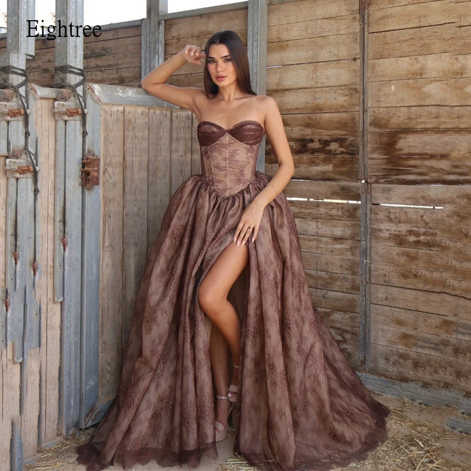 Eightree Brown Lace Sweetheart Neck A Line Evening Dresses Backless Prom Gown Side Slit Floor Length Party Gowns Customized