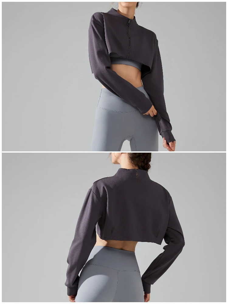 VITALINOVO Damen-Cardigan-Jacke mit Reißverschluss, langärmlig, kurzes Sweatshirt für Yoga, Workout, Laufen, Fitness, Cut-Out-Shirts, Oberteil – Detail 8