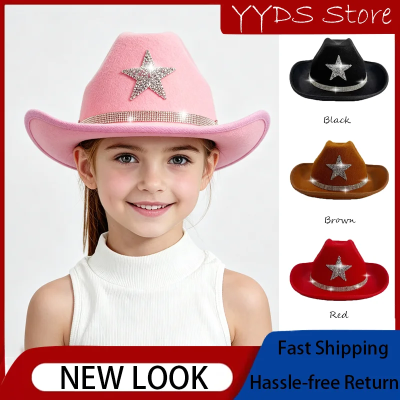 Parent-child Western Cowboy Hat Summer Star Rhinestone Pink Pentagram Hat Carnival Beach Party Costume Hat