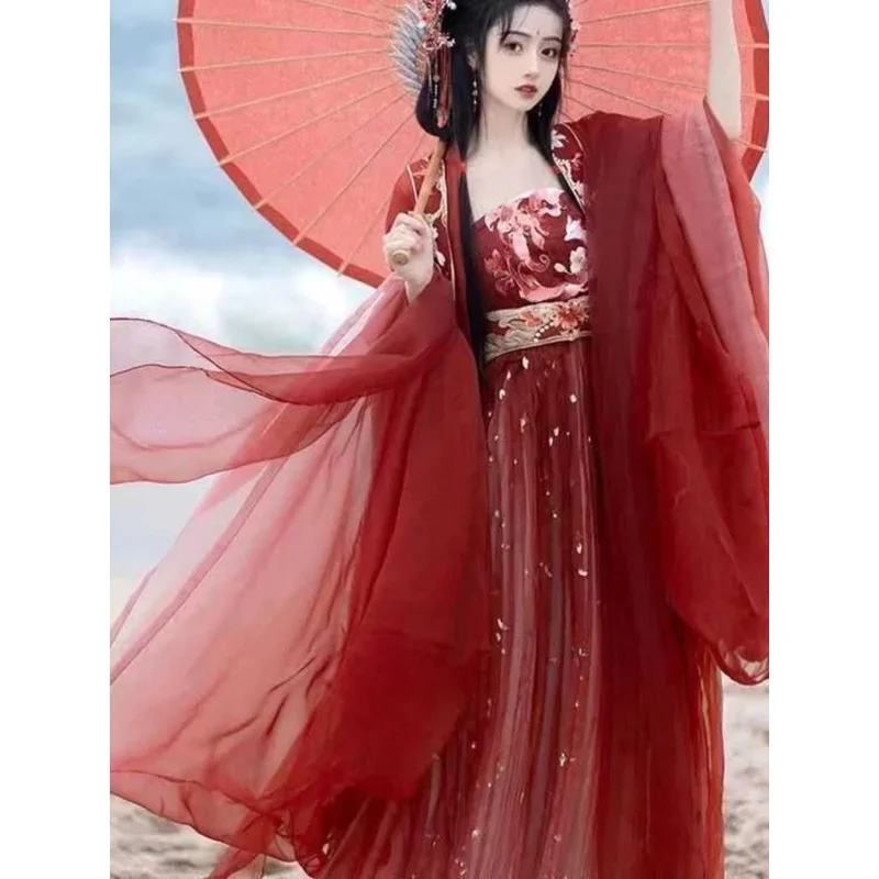 

Vintage Hanfu Tang Dynasty embroidered big sleeve shirt flowing chebule skirt spring and autumn red suit