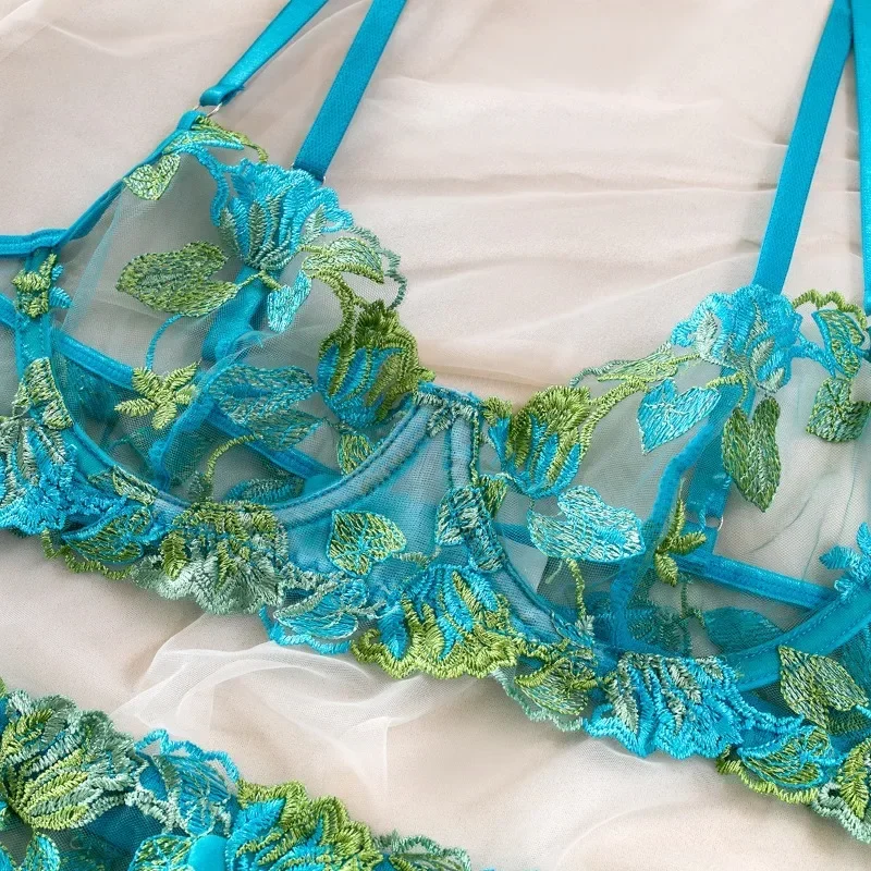 หญิงเซ็กซี่ชุดชั้นในชุด SHEER ดอกไม้เย็บปักถักร้อย Bra & ทอง Ultra-บางตาข่าย Garter เข็มขัดเร้าอารมณ์ชุดชั้นในชุด
