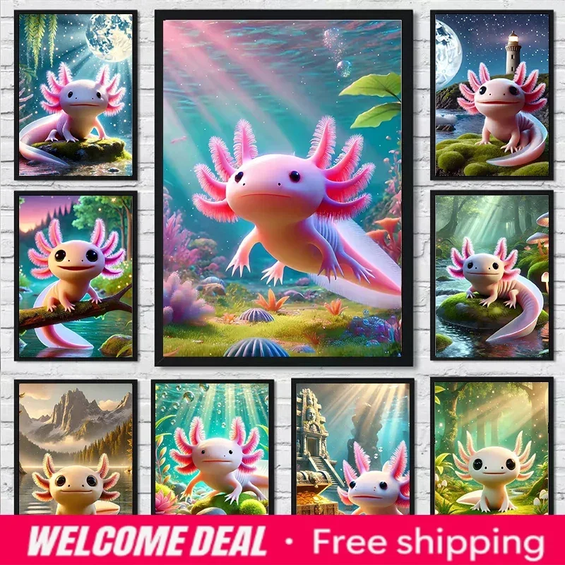 Modern Cute Axolotl Salamander Underwater Poster Colourful Animal Cartoon Canvas Painting Wall Art for Living Room Home Decor