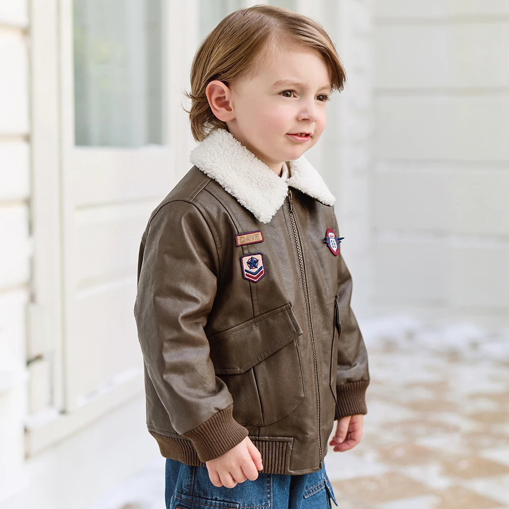 Dave Bella Children Leather Jacket For Kids Boy Clothing 8 to 12 Years Old Winter Plush Coats Outerwear Thick and Warm DB4264429
