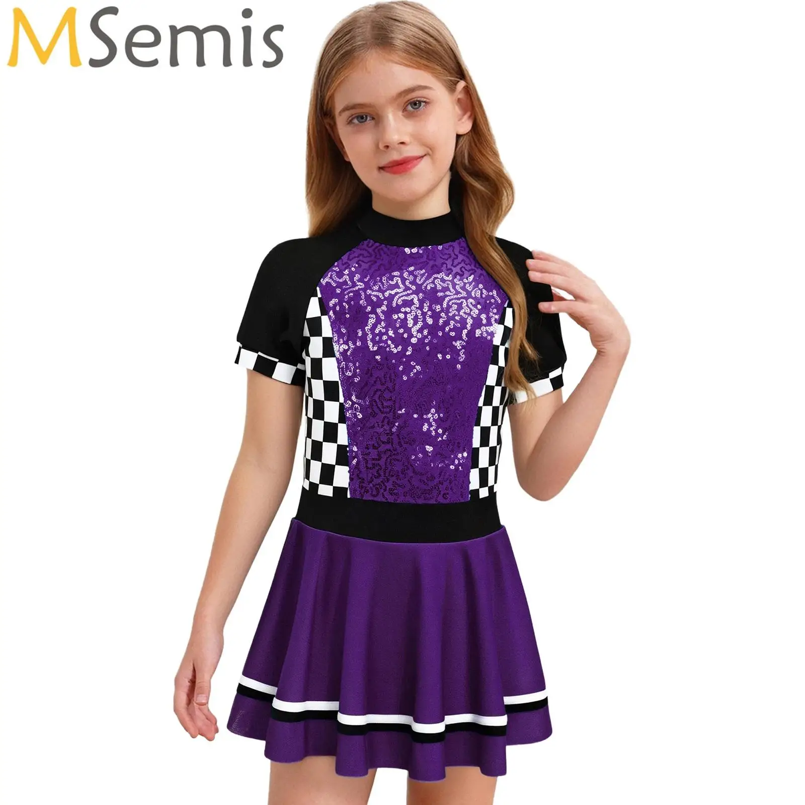 

Kids Girls Race Car Driver Dress Costume Halloween Queen Racer Checkerboard Performance Tutu Themed Party Pole Play Dress Up