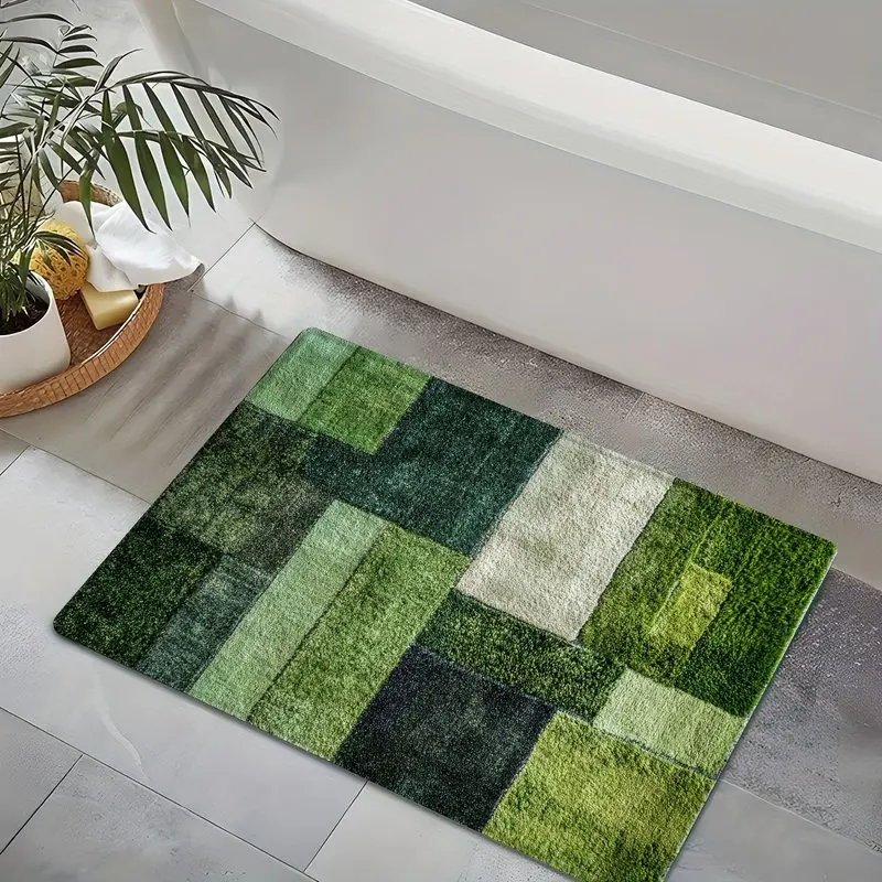 VIKAMA Moss Green Patchwork Block Bath Mat, Diatom Mud Quick Dry Bathroom Rug, Non Slip Absorbent Washable Fast Drying Floor Rug