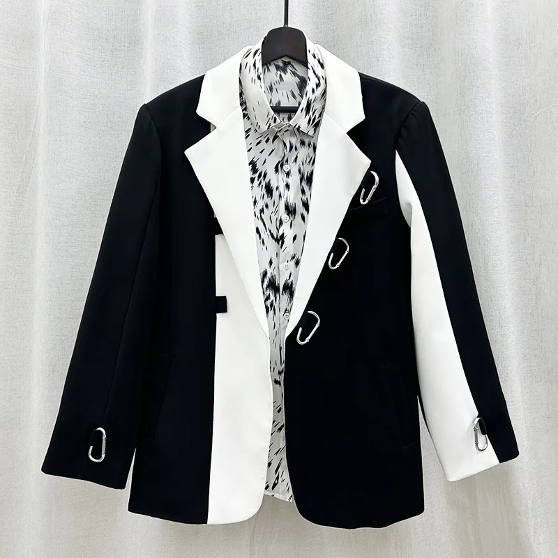 

4-G45 Distinctive Stitching Color Contrast Metal Design Sense Suit Jacket Men's Korean Style Fashion Loose Suit Top