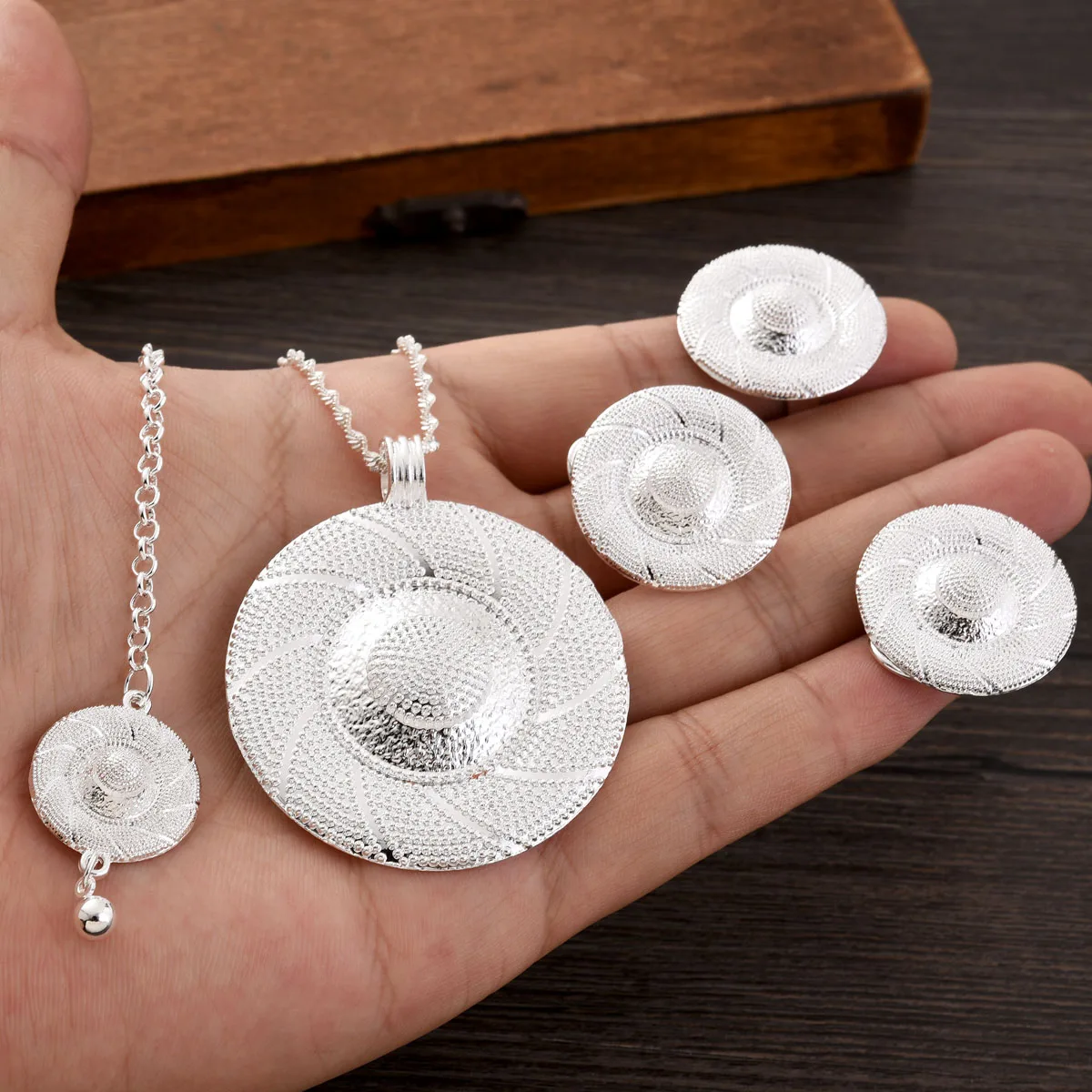 Ethiopian Jewelry Sets Silver Color Round Earrings Ring Head Chain 4-Piece Sets African Eritrean Wedding Engagement Ethnic Gift