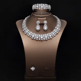 

HIBRIDE Luxury Dazzling Set sliver color Necklace Earrings Bracelet Womens Dress Decorative Jewelry Dubai Wedding Ball Gift 1042