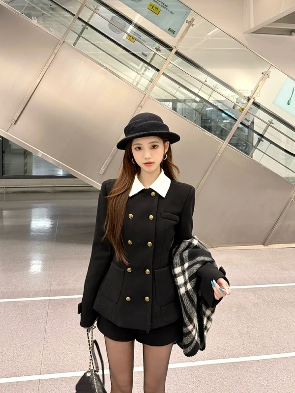 

Шерстяной костюм Bla: двубортный приталенный жакет и прямые брюки, корейский стиль, комплект из двух предметов для женщин