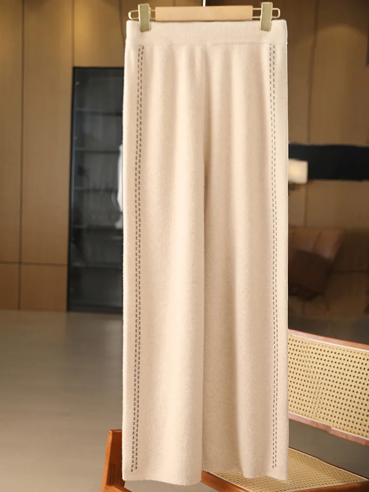 

New Women's Wool Pants Autumn Winter 100% Merino Wool Wide Leg Pants Thick Soft Vertical Striped Casual Style Cashmere Trousers
