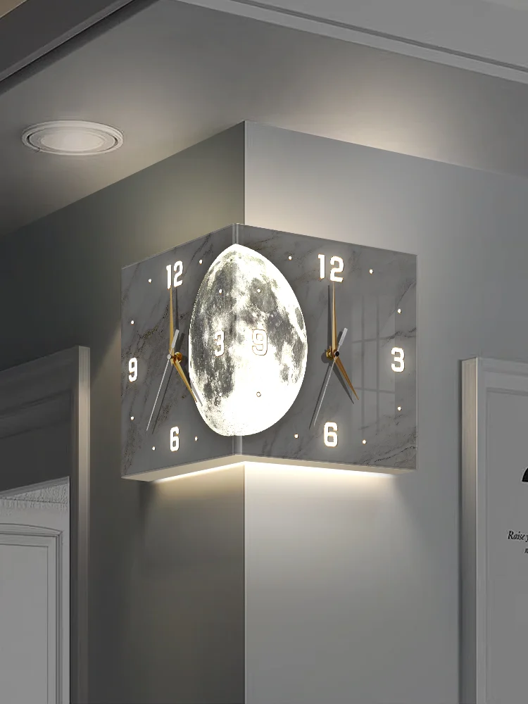 Punch-free creative corner clock wall lamp living room moon lamp corner clock luminous doud corner clock