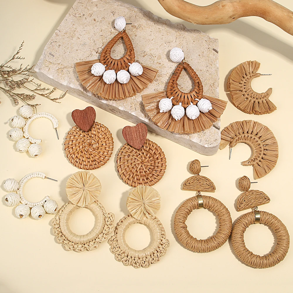 Lifefontier Retro Handmade Braided Raffia Beaded Geometric Drop Earrings For Women Summer Fan Shaped Wooden Earring Jewelry 2024