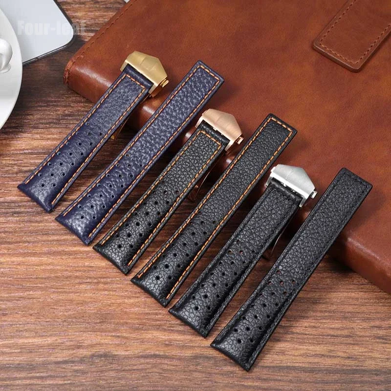 For TAG Heuer Monaco Leather Strap Soft Comfortable Waterproof Male Gulf Oil Joint F1 Series Folding Buckle Leather